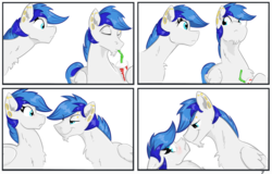 Size: 2100x1346 | Tagged: safe, artist:testostepone, oc, oc only, oc:turquoise, pegasus, pony, bedroom eyes, blushing, chest fluff, colored, comic, femboy, fluffy, looking at each other, looking back, male, piercing, self ponidox, selfcest, shipping, simple background, smug, straw, white background
