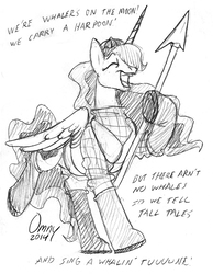 Size: 600x773 | Tagged: safe, artist:omny87, princess luna, alicorn, pony, g4, black and white, boots, clothes, costume, futurama, galoshes, grayscale, harpoon, hat, male, monochrome, pencil drawing, singing, sketch, traditional art, whaler