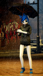 Size: 1080x1920 | Tagged: safe, artist:dashie116, oc, oc only, anthro, plantigrade anthro, 3d, anthro oc, blue hair, car, clothes, female, graffiti, hoodie, looking at you, mare, mazda rx-7, rain, shoes, smiling, sneakers, solo, source filmmaker, sweater, umbrella