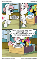 Size: 1280x1978 | Tagged: safe, artist:wadusher0, nurse redheart, oc, oc:pun, earth pony, pony, comic:hospital hijinks, g4, book, book fort, comic, female, mare, that pony sure does love books