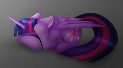 Size: 1283x716 | Tagged: safe, artist:skashigame, twilight sparkle, alicorn, pony, g4, covering eyes, embarrassed, female, floppy ears, gradient background, hidden eyes, prone, shivering, solo, twilight sparkle (alicorn)
