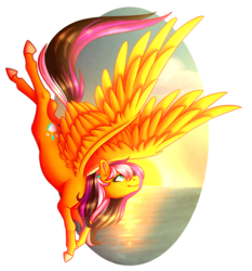 Size: 3264x3500 | Tagged: safe, artist:micky-ann, oc, oc only, pegasus, pony, female, flying, gift art, high res, large wings, mare, simple background, solo, spread wings, sun, sunrise, transparent background, water, wings