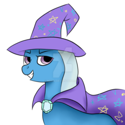 Size: 1024x1024 | Tagged: dead source, safe, artist:rd924, trixie, pony, unicorn, g4, cape, clothes, female, grin, hat, lidded eyes, looking at you, simple background, smiling, solo, transparent background, trixie's cape, trixie's hat, watermark