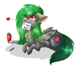 Size: 876x782 | Tagged: safe, artist:twinkepaint, oc, oc only, oc:toxic gears, pegasus, pony, colored pupils, female, mare, paper, pencil, prone, simple background, solo, transparent background