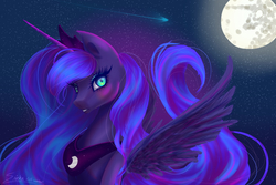 Size: 3000x2000 | Tagged: safe, artist:rick-wombat, princess luna, alicorn, pony, g4, alternate design, bust, female, high res, looking at you, mare, mare in the moon, moon, night, portrait, shooting star, solo, stars