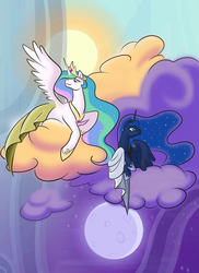 Size: 2400x3300 | Tagged: safe, artist:nytewell, princess celestia, princess luna, alicorn, pony, g4, clothes, cloud, day, dress, duality, female, high res, looking up, mare, moon, night, prone, royal sisters, sky, smiling, spread wings, sun, twilight (astronomy), wings