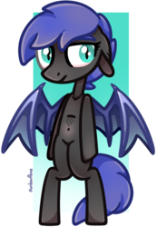 Size: 780x1130 | Tagged: safe, artist:amberpone, oc, oc only, oc:nebula wings, bat pony, semi-anthro, bat wings, belly button, bipedal, blue eyes, blue mane, commission, digital art, eyebrows, female, grey fur, mare, original art, original style, paint tool sai, simple background, solo, standing, transparent background