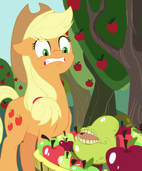 Size: 1500x1800 | Tagged: safe, artist:iraecoal, applejack, earth pony, pony, g4, apple, apple tree, biting pear of salamanca, bucket, ears back, female, food, frown, gritted teeth, pear, scared, solo, this will end in pear juice