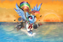 Size: 3000x2000 | Tagged: safe, artist:shogundun, rainbow dash, pony, g4, cannon, clothes, crossover, cute, dashabetes, female, giant pony, giant rainbow dash, high res, kantai collection, macro, mega/giant rainbow dash, pigtails, plane, shipmare, skirt, smiling, solo, sun, water