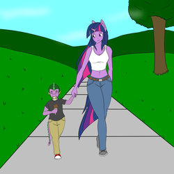 Size: 1024x1024 | Tagged: safe, artist:nwinter3, spike, twilight sparkle, dragon, anthro, plantigrade anthro, g4, belly button, clothes, converse, food, holding hands, ice cream, jeans, mama twilight, midriff, pants, shirt, shoes, t-shirt, tank top, tree, walkway