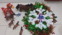 Size: 4128x2322 | Tagged: safe, artist:horsesplease, photographer:horsesplease, twilight sparkle, clydesdale, horse, shetland pony, equestria girls, g4, christmas decoration, decoration, doll, equestria girls minis, eqventures of the minis, high res, irl, photo, plushie, snow, snowflake, story included, this will end in tears, tinsel, toy, transformers