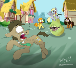 Size: 1158x1042 | Tagged: safe, artist:sukalaap, carrot top, derpy hooves, doctor whooves, golden harvest, time turner, oc, earth pony, pegasus, pony, unicorn, g4, biting pear of salamanca, doctor whooves is not amused, female, horn, lolwut, male, mare, obtrusive watermark, pear, ponyville, scared, stallion, sweat, that pony sure does hate pears, unicorn oc, watermark, wide eyes