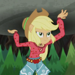 Size: 480x480 | Tagged: safe, screencap, applejack, equestria girls, g4, my little pony equestria girls: legend of everfree, camp fashion show outfit, cropped, female, freckles, ponied up, rock, solo, super strength, tree