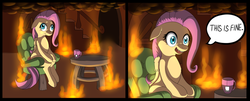 Size: 1053x425 | Tagged: safe, artist:dankflank, derpibooru exclusive, fluttershy, pegasus, pony, g4, armchair, chair, derp, dialogue, faic, female, fire, floppy ears, food, open mouth, parody, sitting, smoke, solo, table, tea, this is fine