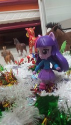 Size: 2322x4128 | Tagged: safe, artist:horsesplease, photographer:horsesplease, twilight sparkle, clydesdale, horse, shetland pony, equestria girls, g4, christmas decoration, decoration, doll, equestria girls minis, eqventures of the minis, high res, irl, photo, plushie, snow, snowflake, story included, tinsel, toy