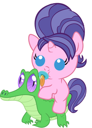 Size: 836x1167 | Tagged: safe, artist:red4567, cookie crumbles, gummy, pony, g4, baby, baby pony, cute, pacifier, ponies riding gators, riding