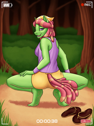 Size: 960x1280 | Tagged: safe, artist:wwredgrave, tree hugger, earth pony, anthro, plantigrade anthro, g4, barefoot, clothes, commission, feet, female, looking back, mare, misleading thumbnail, not scat, recording, sandals, solo