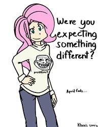 Size: 2550x3300 | Tagged: safe, artist:kprovido, fluttershy, human, g4, april fools, clothes, female, high res, humanized, shirt, simple background, smirk, solo, trollface, white background