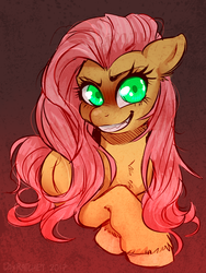 Size: 935x1246 | Tagged: safe, artist:aukki13, fluttershy, pegasus, pony, g4, angry, chest fluff, crossed hooves, evil smile, female, green eyes, grin, looking at you, mare, prone, smiling, solo, turned head, unshorn fetlocks