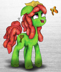 Size: 3120x3700 | Tagged: safe, artist:curtisspl, tree hugger, butterfly, earth pony, pony, g4, bandana, female, high res, mare, open mouth, signature, solo, traditional art