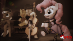 Size: 2560x1440 | Tagged: safe, artist:redaceofspades, braeburn, mochaccino, octavia melody, pinkie pie, rare find, g4, 3d, bow (instrument), cello, cello bow, clothes, commission, eyes closed, microphone, musical instrument, open mouth, piano, saloon dress, saloon pinkie, sitting, trumpet