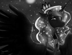 Size: 2048x1556 | Tagged: safe, artist:brainiac, princess luna, alicorn, pony, g4, beads, black and white, feather, female, fog, grayscale, hairclip, horn, horn ring, jewelry, mare, monochrome, moon, solo, stars, tiara