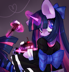 Size: 1438x1499 | Tagged: safe, artist:angrygem, twilight sparkle, pony, unicorn, g4, anarchy stocking, blue mane, blue tail, cake, cherry, clothes, cosplay, costume, dress, eyelashes, female, food, fork, goth, horn, levitation, long mane, long tail, looking away, magic, mare, multicolored mane, multicolored tail, panty and stocking with garterbelt, pink mane, pink tail, plate, purple mane, purple tail, ribbon, solo, stockinglight, stockings, tail, telekinesis, thigh highs, unicorn twilight