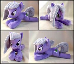 Size: 2864x2496 | Tagged: safe, artist:sophiesplushies, limestone pie, earth pony, pony, g4, beanie (plushie), female, fluffy, frown, glare, grumpy, high res, irl, mare, photo, plushie, prone, smirk, solo