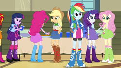 Size: 1920x1080 | Tagged: safe, screencap, applejack, fluttershy, pinkie pie, rainbow dash, rarity, sunset shimmer, twilight sparkle, equestria girls, g4, my little pony equestria girls: rainbow rocks, backpack, boots, bowtie, bracelet, clothes, cookie, cowboy boots, cup, female, hand on hip, high heel boots, jewelry, plate, punch (drink), punch bowl, rear view, skirt, socks, table, wristband