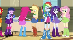 Size: 1100x618 | Tagged: safe, screencap, applejack, fluttershy, pinkie pie, rainbow dash, rarity, sunset shimmer, twilight sparkle, human, equestria girls, g4, my little pony equestria girls: rainbow rocks, backpack, boots, bowtie, bracelet, cookie, cowboy boots, eyes closed, female, hand on hip, high heel boots, humane five, humane seven, humane six, jewelry, legs, mane six, plate, punch (drink), punch bowl, rear view, skirt, sleeveless, table, tank top, wristband