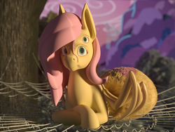 Size: 1500x1125 | Tagged: safe, artist:frederickwilson, fluttershy, drider, monster pony, original species, spiderpony, comic:children of everfree, g4, 3d, alternate universe, crossed hooves, female, looking at you, multiple eyes, outdoors, prone, solo, species swap, spider web, spidershy, stray strand, three quarter view