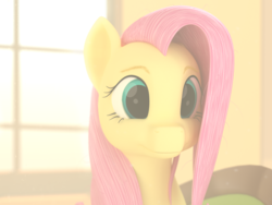 Size: 1440x1080 | Tagged: safe, artist:frederickwilson, fluttershy, pony, g4, 3d, bright, bust, female, indoors, mare, portrait, smiling, solo, three quarter view