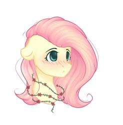 Size: 1353x1373 | Tagged: safe, artist:pechenakusha, fluttershy, g4, blushing, bust, female, floppy ears, looking away, portrait, simple background, solo, thorn, white background