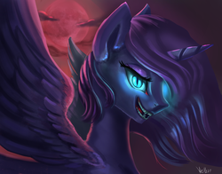 Size: 5096x4000 | Tagged: safe, artist:vell221, princess luna, alicorn, pony, g4, absurd resolution, blood moon, fangs, female, flying, glowing eyes, grin, mare, moon, slit pupils, smiling