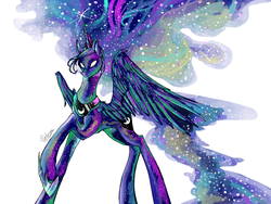 Size: 960x720 | Tagged: safe, artist:wariyathewarrior, princess luna, alicorn, pony, g4, female, galaxy mane, glowing eyes, mare, raised hoof, simple background, solo, spread wings, white background