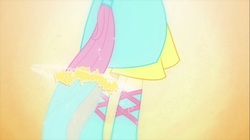 Size: 1100x618 | Tagged: safe, screencap, fluttershy, equestria girls, g4, my little pony equestria girls, abstract background, boots, fall formal outfits, high heel boots, legs, pictures of legs, ponied up, ponytail, solo, transformation, transformation sequence