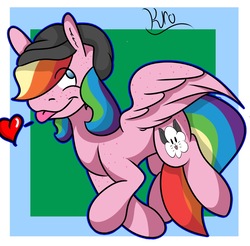 Size: 1242x1224 | Tagged: safe, artist:joushi, oc, oc only, pegasus, pony, female, heart, pink, rainbow, tongue out, wings