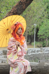 Size: 3456x5184 | Tagged: safe, artist:misachico, sunset shimmer, human, g4, absurd resolution, clothes, cosplay, costume, floral head wreath, flower, irl, irl human, kimono (clothing), photo, sitting, solo, umbrella