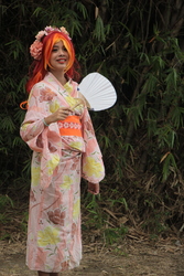 Size: 3456x5184 | Tagged: safe, artist:misachico, sunset shimmer, human, g4, absurd resolution, clothes, cosplay, costume, fan, floral head wreath, flower, irl, irl human, kimono (clothing), photo, solo