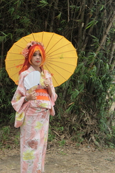 Size: 3456x5184 | Tagged: safe, artist:misachico, sunset shimmer, human, g4, absurd resolution, clothes, cosplay, costume, fan, floral head wreath, flower, irl, irl human, kimono (clothing), photo, solo, umbrella