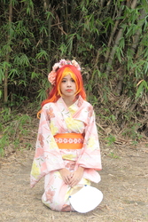 Size: 3456x5184 | Tagged: safe, artist:misachico, sunset shimmer, human, g4, absurd resolution, clothes, cosplay, costume, floral head wreath, flower, irl, irl human, kimono (clothing), kneeling, photo, solo