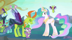Size: 480x270 | Tagged: safe, screencap, cornicle, lokiax, princess cadance, princess celestia, princess flurry heart, spike, thorax, alicorn, changedling, changeling, dragon, pony, g4, to where and back again, animated, bowing, flying, gif, king thorax, meta