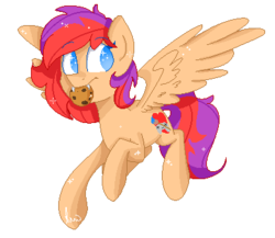 Size: 391x339 | Tagged: safe, artist:vanillashineart, oc, oc only, pegasus, pony, cookie, female, flying, food, mare, mouth hold, pixel art, simple background, solo, transparent background
