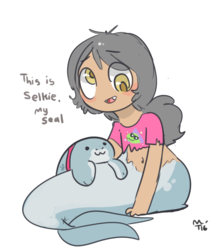 Size: 1632x1868 | Tagged: safe, artist:mt, oc, oc only, oc:buoy belle, mermaid, original species, satyr, seal, shark, belly button, clothes, midriff, offspring, offspring's offspring, parent:oc:dingaling, pet, satyr general, short shirt, solo