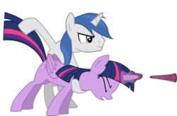 Size: 2750x1802 | Tagged: safe, artist:user-434, twilight sparkle, oc, oc:alex diamond, alicorn, pony, g4, behaving like a weapon, female, glowing horn, horn, male, mare, simple background, transparent background, twilight sparkle (alicorn)