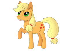 Size: 900x636 | Tagged: safe, artist:fia94, applejack, g4, chest fluff, ear fluff, female, hatless, looking up, missing accessory, raised hoof, simple background, smiling, solo, transparent background