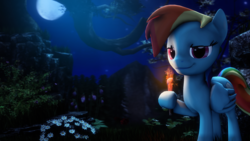 Size: 4000x2250 | Tagged: safe, artist:redaceofspades, rainbow dash, g4, 3d, female, hoof hold, moon, mountain, night, plants, poster, solo, source filmmaker, torch