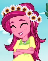 Size: 428x537 | Tagged: safe, screencap, gloriosa daisy, equestria girls, g4, my little pony equestria girls: legend of everfree, cropped, cute, daisybetes, female, giggling, grin, happy, magical geodes, smiling, solo