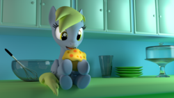 Size: 1920x1080 | Tagged: safe, artist:nein-skill, derpy hooves, pegasus, pony, g4, 3d, blender, bowl, counter, dishes, female, food, glass, kitchen, mare, muffin, pantry, poster, solo
