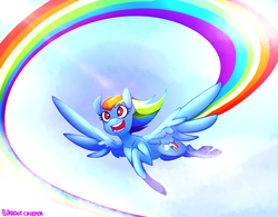 Size: 1915x1492 | Tagged: safe, artist:polkadot-creeper, rainbow dash, pegasus, pony, g4, backwards cutie mark, cute, dashabetes, female, flying, happy, open mouth, rainbow trail, signature, smiling, solo, speed trail, spread wings, trail, wings